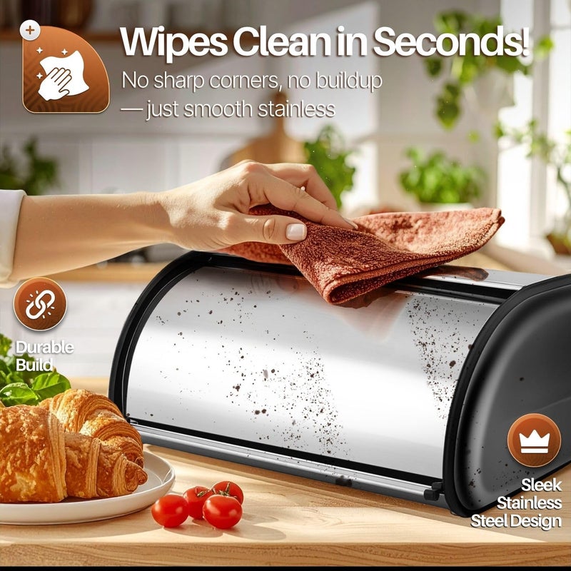 Flexzion Stainless Steel Bread Box For Kitchen Countertop (17 inch) Metal Roll Up Top Lid Storage Container Bin Keeper for Cake Buns Toasts Loaves Pastries Pancakes, Ideal for Restaurant Home Kitchen - Image 5